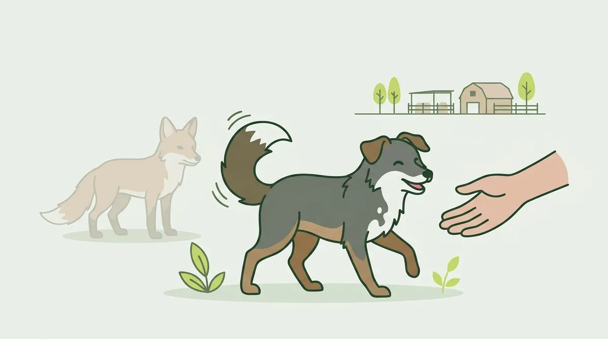 垂れ耳で尾を振りながら人の手に近づくキツネと、後ろで警戒する野生のキツネのイラスト