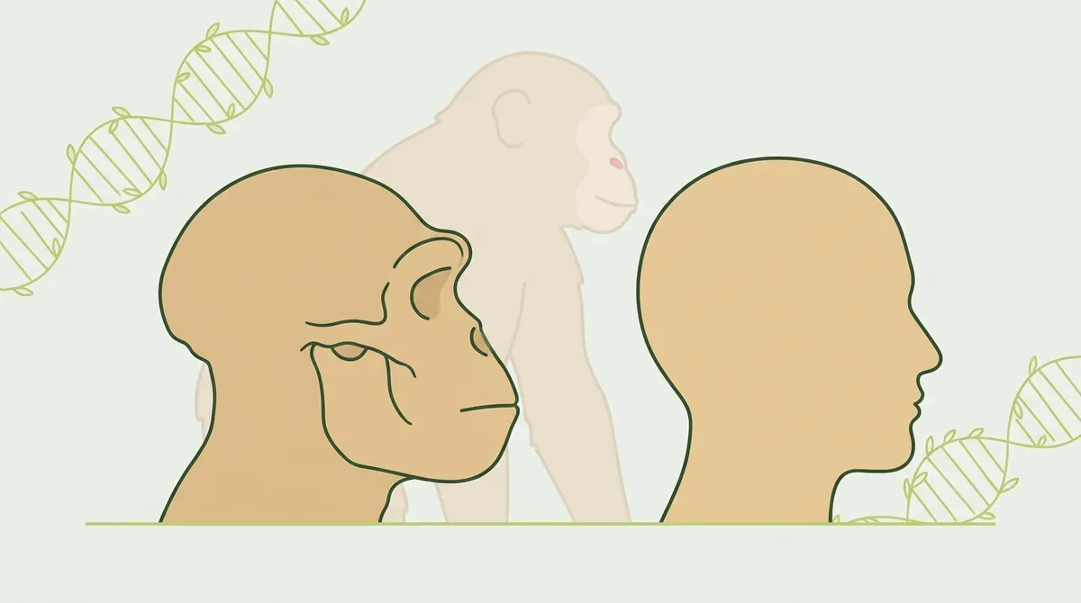 眉の骨が張った古い人類と現代人の横顔、背後にボノボのシルエットのイラスト