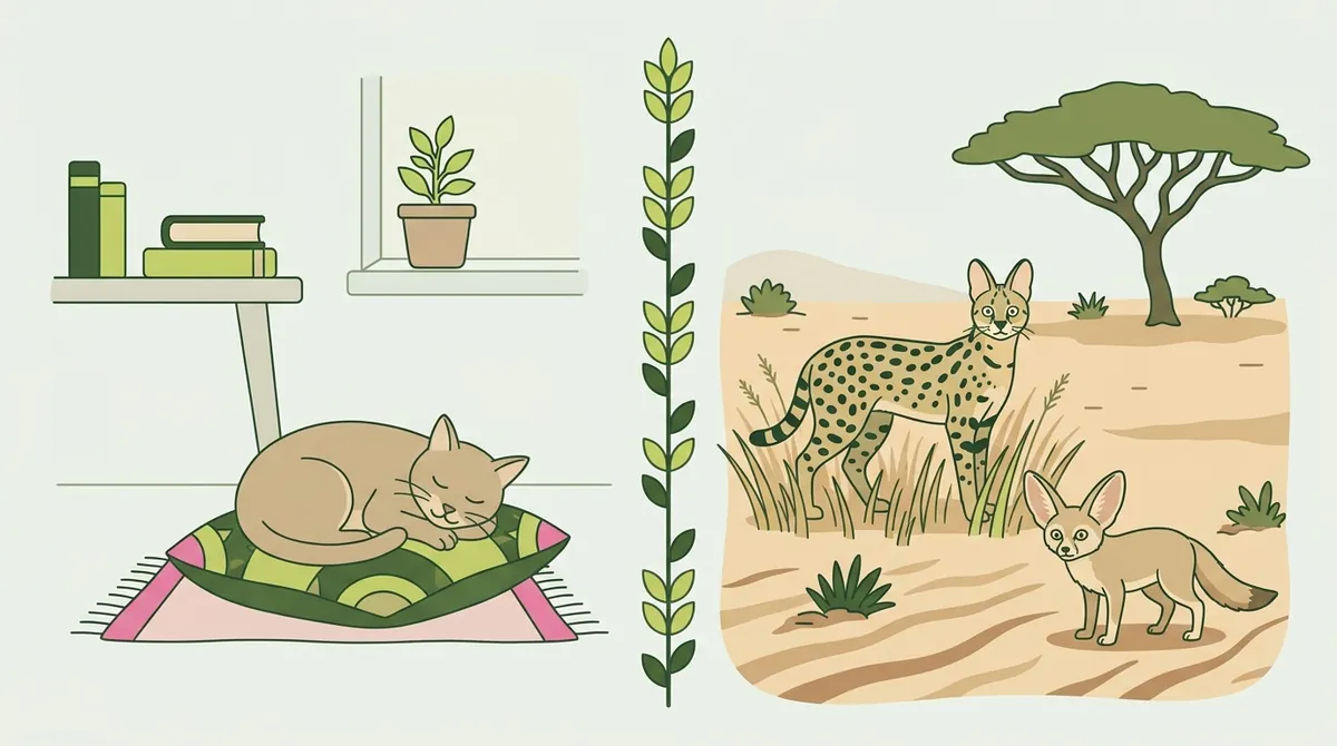 クッションで眠る家猫と、草原のサーバルと砂地のフェネックを並べたイラスト