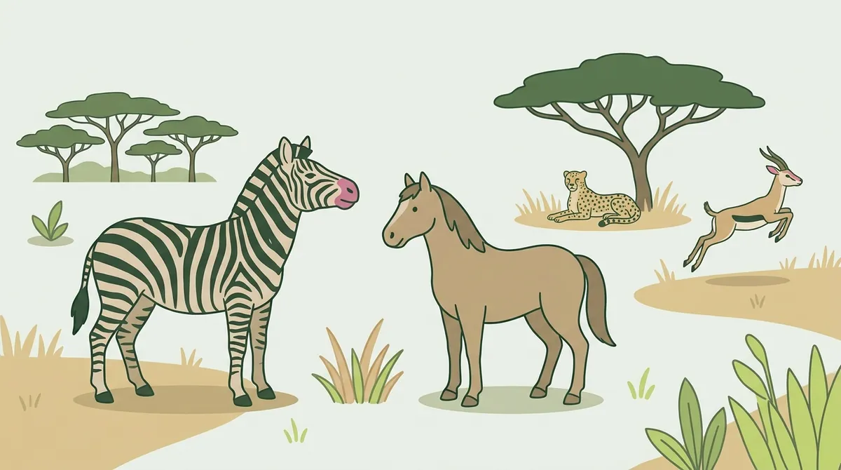 サバンナに立つシマウマと馬、奥で休むチーターと跳ねるガゼルのイラスト