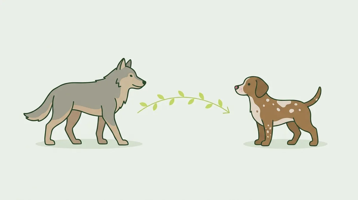 立ち耳のオオカミと、垂れ耳でぶち模様の犬を並べたイラスト