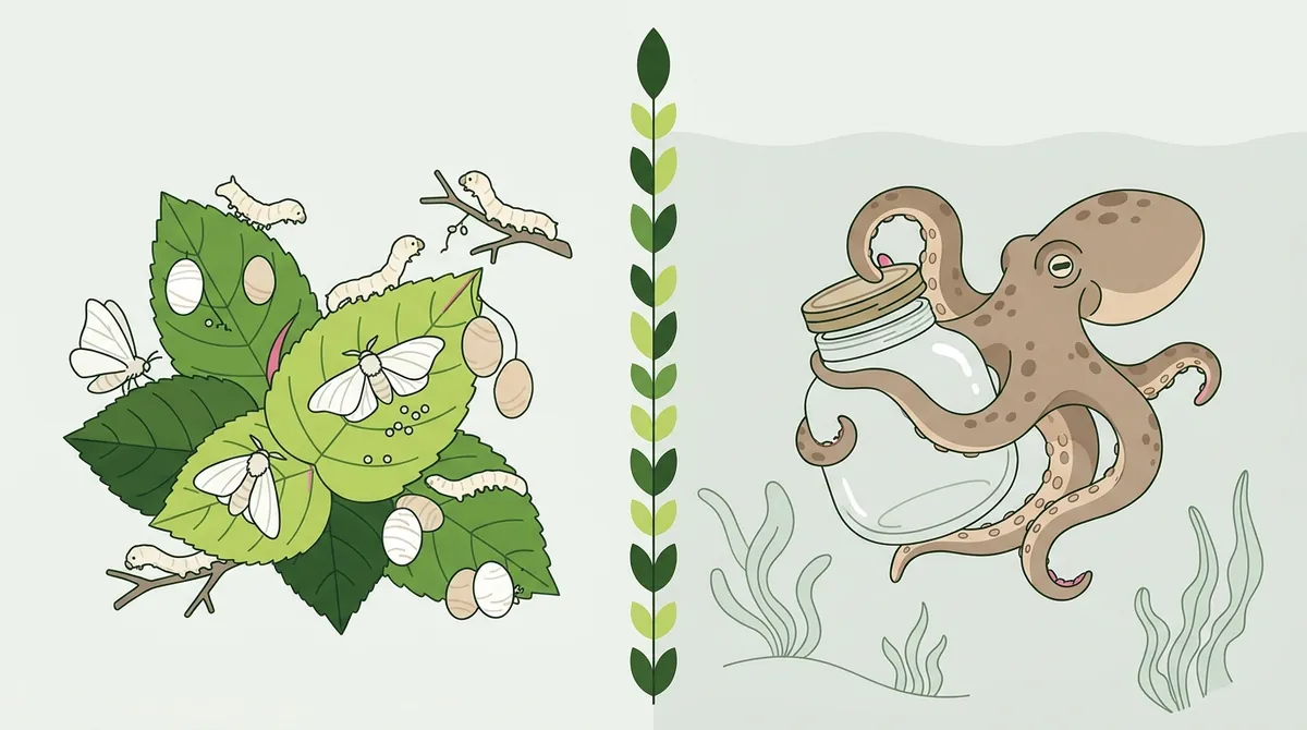 クワの葉にいるカイコとまゆ、瓶のふたを開けるタコを左右に描いたイラスト