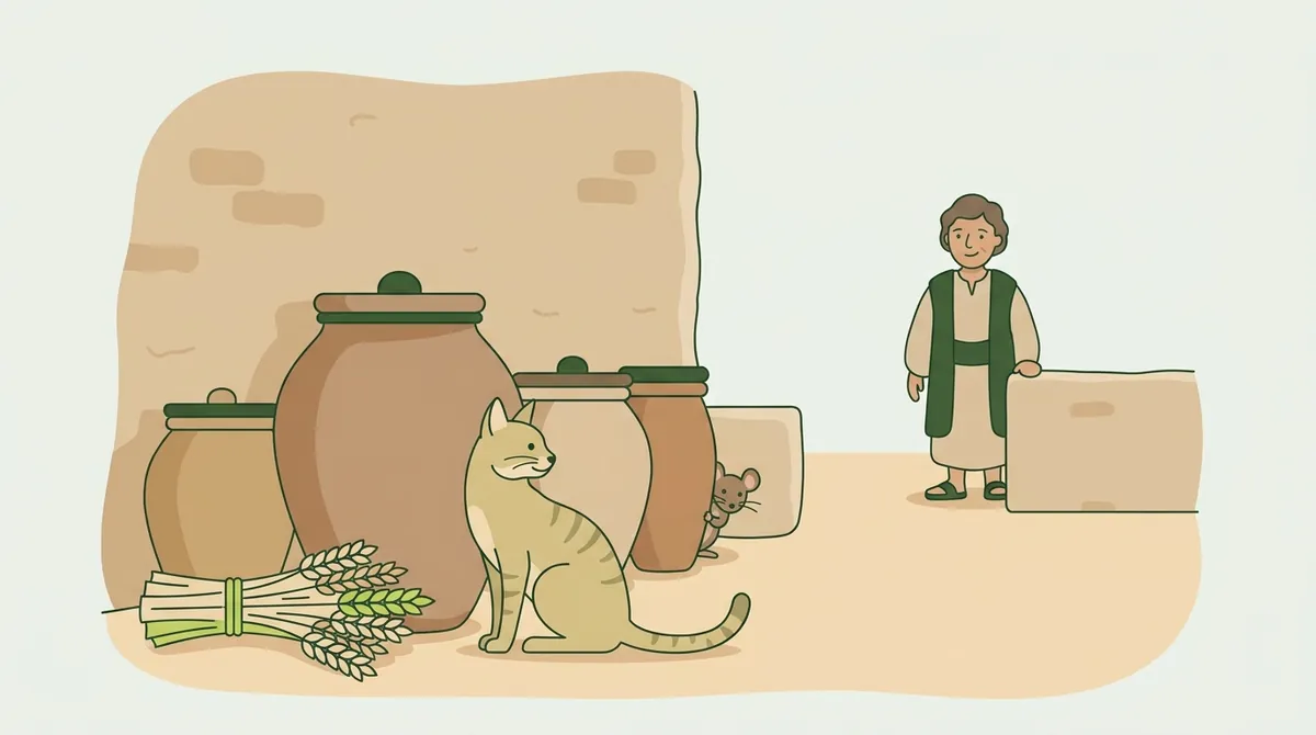 古代の穀物の壺のそばに座るヤマネコと、壺の陰からのぞくネズミのイラスト