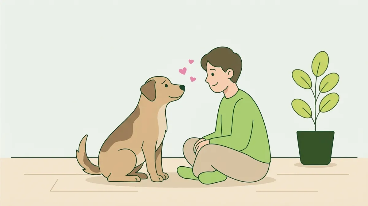 床に座った人と犬が見つめ合うイラスト