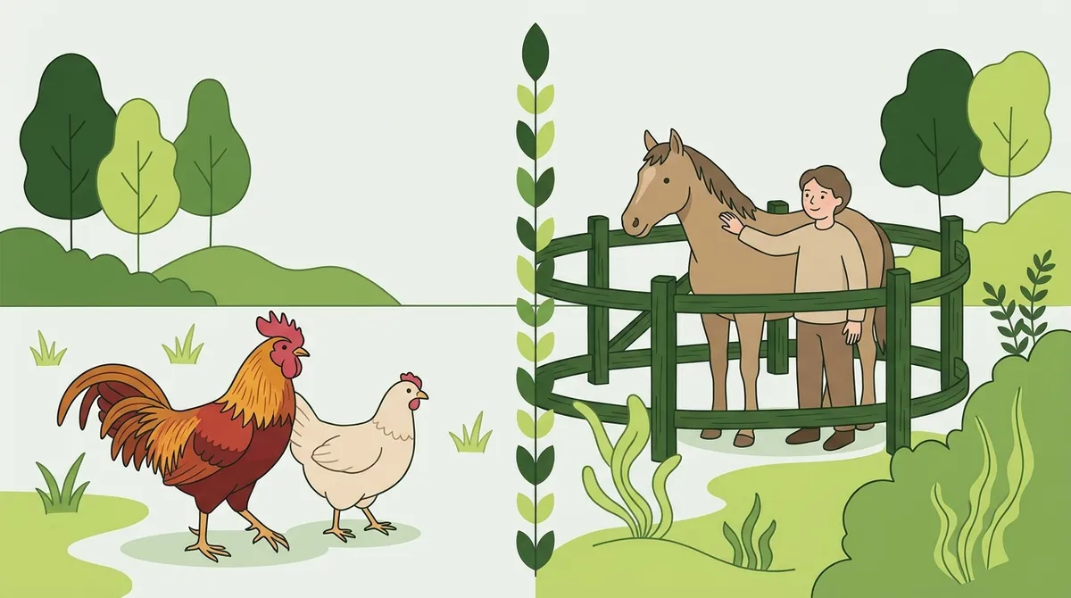 囲いの中で人に首をなでられる野生馬と、セキショクヤケイとニワトリのイラスト