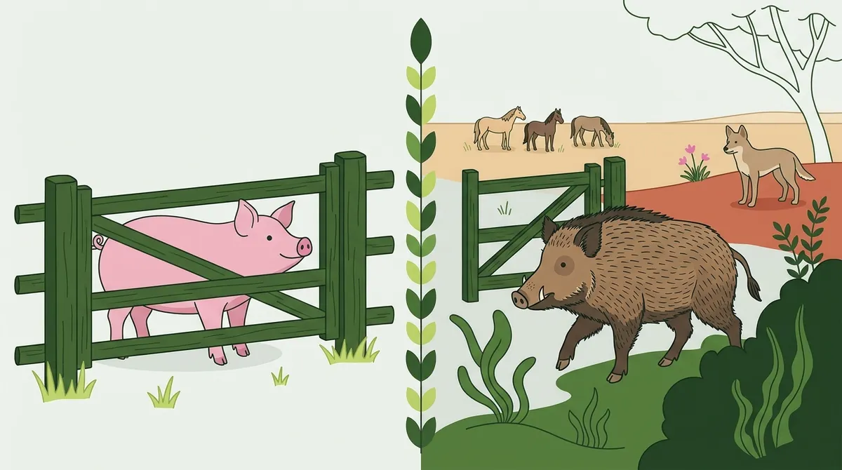 柵の中の家畜の豚と、森へ出ていく剛毛の野ブタ、奥にディンゴと野生馬のイラスト